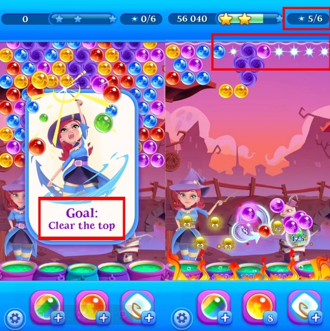 Modul de joc clasic în Bubble Witch Saga 2. Stella trebuie să curețe partea de sus a ecranului de bule.