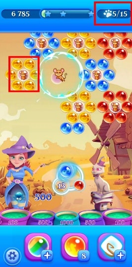 Modul salvează animalele în Bubble Witch Saga 2. Stella trebuie să salveze animalele captive spargând bulele din jurul lor.