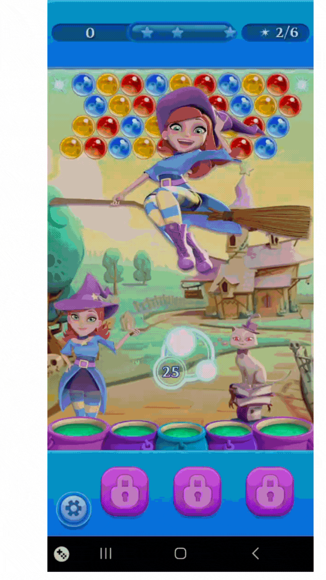 GIF care arată primul nivel din Bubble Witch 2 Saga. Jucătorul țintește și lansează o bulă