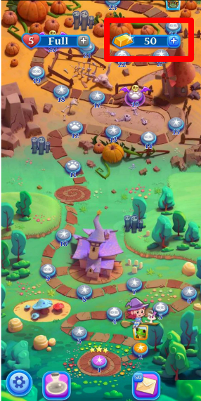 Lebendige Bubble Witch Saga 2-Karte mit einem Pfad aus Levels, einer Figur und einem Schloss; oben sind Anzeigen für Leben und Goldbarren zu sehen (letztere ist hervorgehoben)